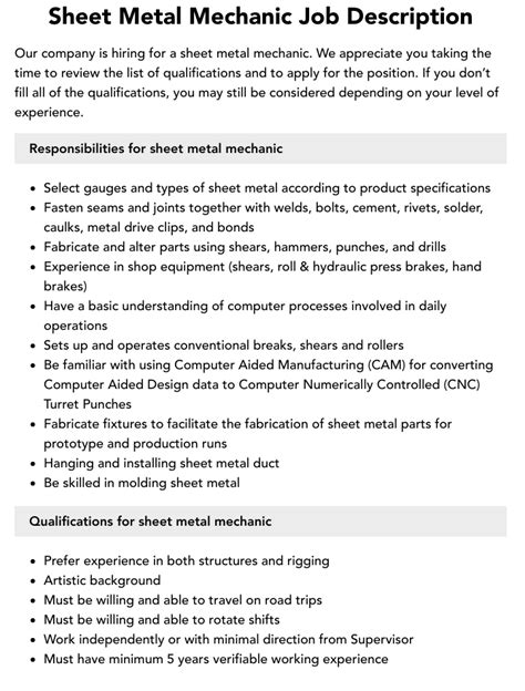 sheet metal worker career|sheet metal mechanic job duties.